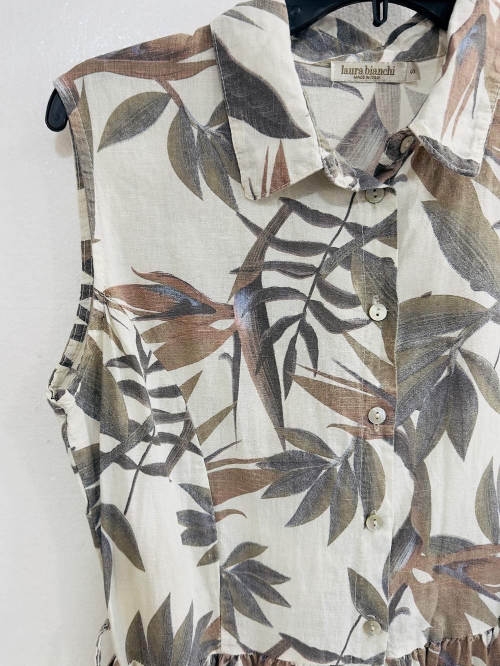 Laura Bianchi 100% Linen Leaf Print Sleeveless Shirt Dress Belted size S - Picture 5 of 10
